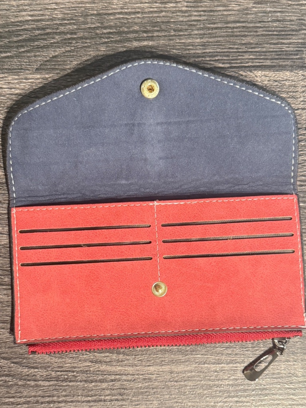 NEW Vintage Red Suede Wallet 6 Card Slots Zipper Pocket Snap Closure